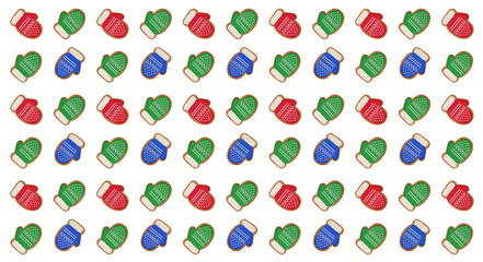 Festive Christmas background. Multi-colored gingerbread cookies in the shape of mittens isolated on white. Pattern for wrapping paper, greeting cards, invitations, fabric, prints.
