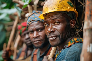 Fototapeta premium A group of miners wearing helmets are captured with intense expressions, emphasizing the hard work, dedication, and grit associated with mining and labor-intensive professions.