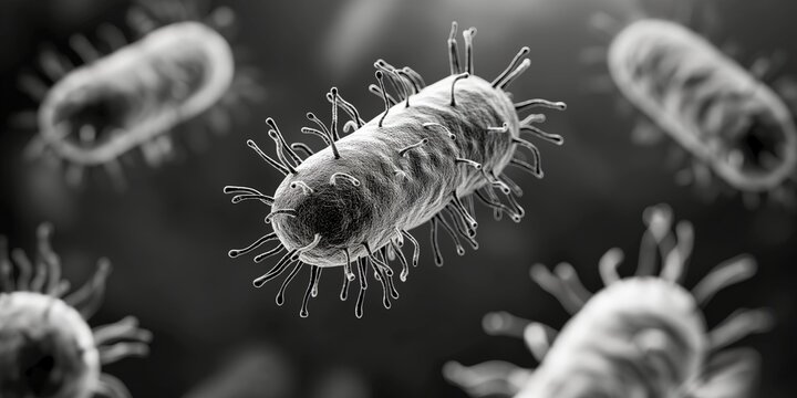 A close-up view of bacteria in black and white, showcasing their intricate structures and fine details against a soft background