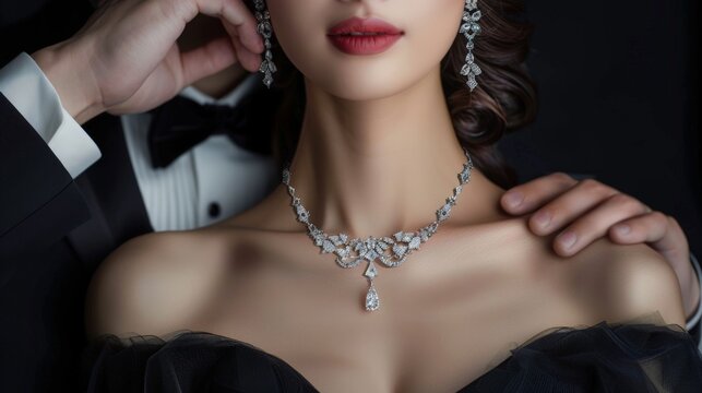 An elegant woman in luxurious jewelry accompanied by a man in a tuxedo