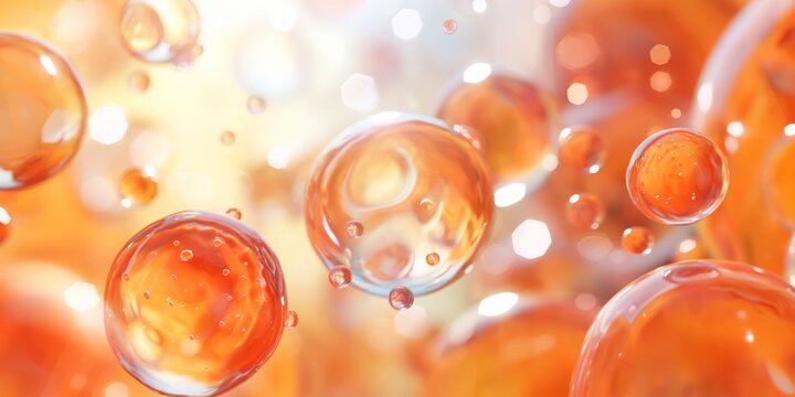 A close-up view of translucent orange bubbles with a soft, light background, evoking a sense of microbiology and fluidity
