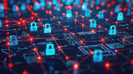 Obraz premium Digital Network Security With Lock Icons and Data Connections at Night