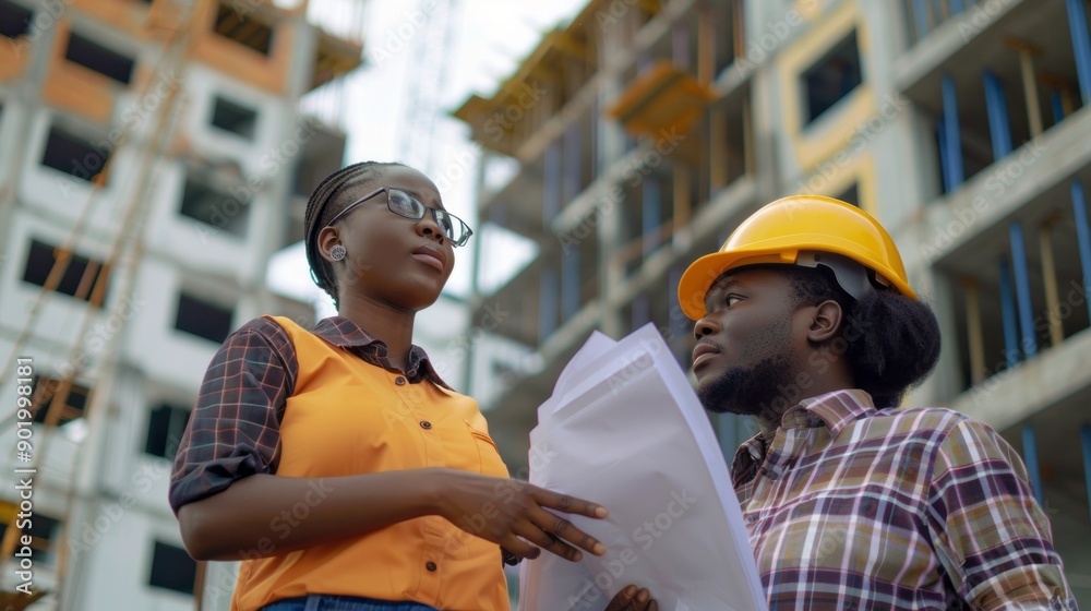 Aufkleber two construction workers are standing in front of a building