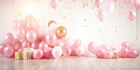 16th sweet sixteen birthday or anniversary balloons and confetti decoration for surprise parties event setup background