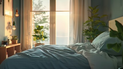 A sleep-friendly environment with calming colors and comfortable bedding