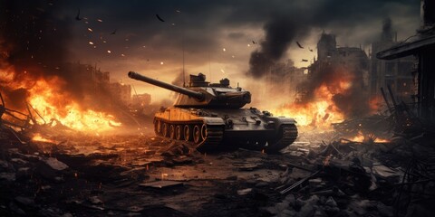 armored tank crosses a mine field during war invasion epic scene of fire and some in the desert