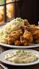 A plate of crispy fried chicken with a side of mashed potatoes and gravy, golden brown and crunchy chicken, creamy mashed potatoes, Photography, shot with a 50mm lens in natural lighting