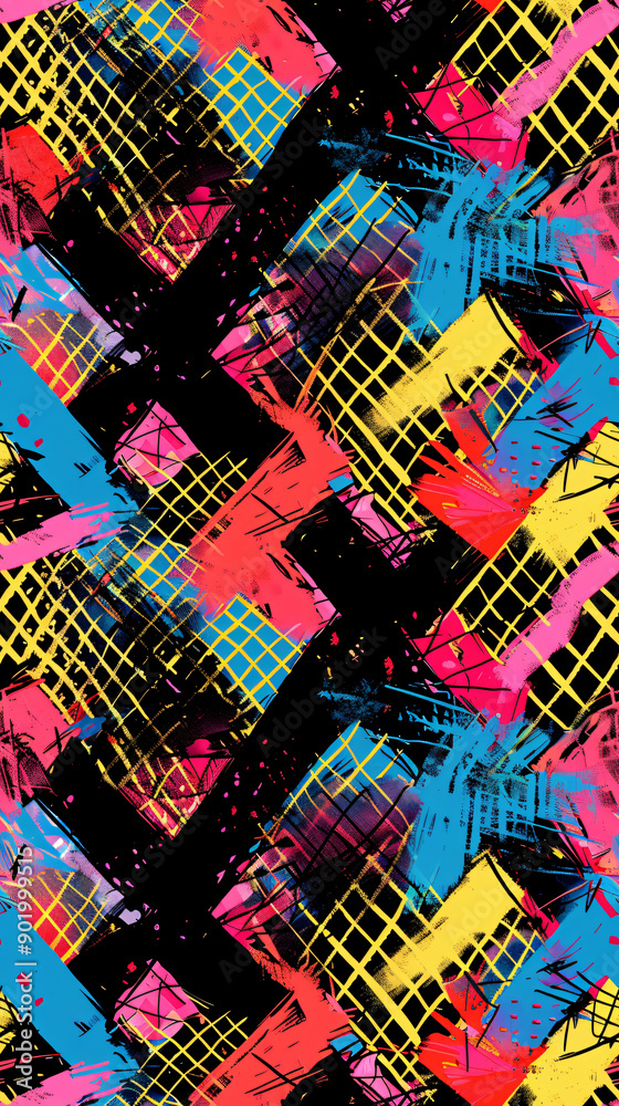 Poster Creating a modern abstract seamless pattern with colorful brushstrokes and geometric shapes, bursting with energy and vibrancy