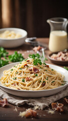 A hearty plate of spaghetti carbonara with creamy sauce, crispy pancetta, and Parmesan cheese, garnished with parsley, Photography, shot with a 35mm lens in warm lighting