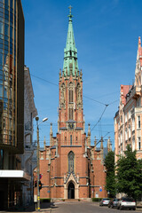 Fototapeta premium Old ancient Riga Evangelical Lutheran Church of St. Gertrude, patroness of all travelers. Riga, Latvia.