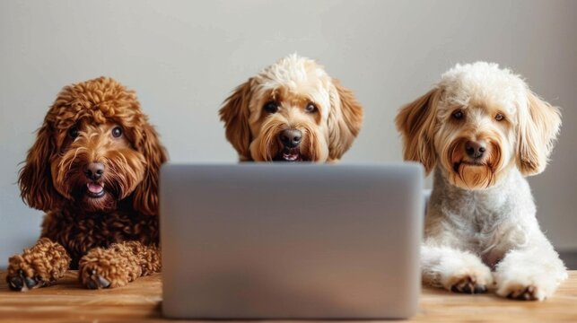 Three dogs are sitting in front of a laptop, looking at the camera