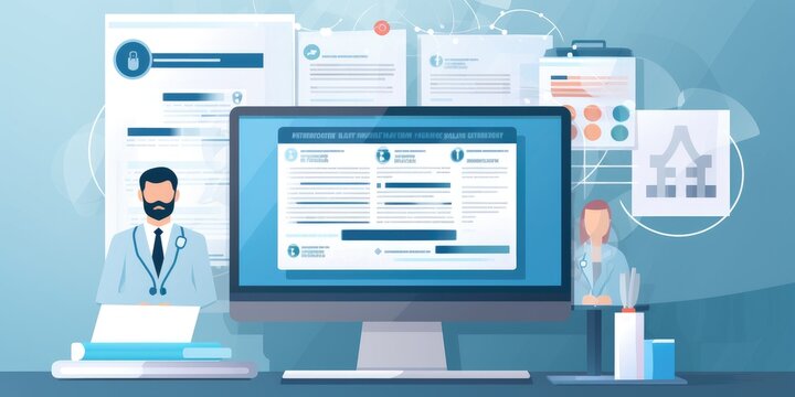 personal patient clinic hospital record or digital file of information and test exam results logged in database or booking appointment doctor medical health care display on computer screen background