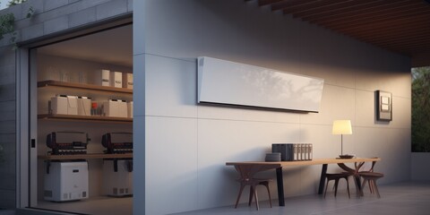 battery packs alternative electric energy storage system at home garage wall as backup or sustainable energy concept