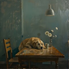 Golden Retriever Relaxing on Table With Flowers and Coffee Cup in Cozy Room