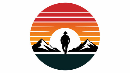 Retro vintage sunset. Black silhouettes of small mountain walking a man on it, Striped circle. Vector design template for logos, badges, banners, and prints, vector illustration 