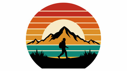 Retro vintage sunset. Black silhouettes of small mountain walking a man on it, Striped circle. Vector design template for logos, badges, banners, and prints, vector illustration 