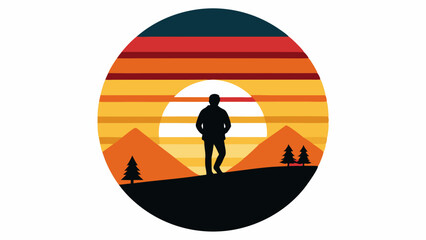 Retro vintage sunset. Black silhouettes of small mountain walking a man on it, Striped circle. Vector design template for logos, badges, banners, and prints, vector illustration 