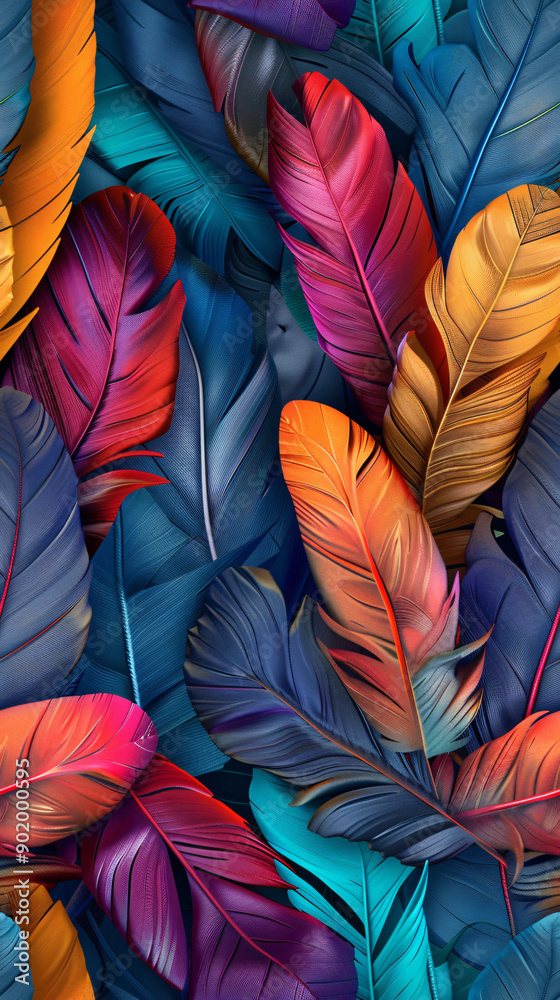 Poster Array of vibrant feathers forms a seamless pattern, ideal for nature-inspired designs