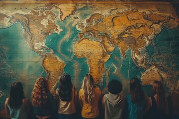 A group of six people stands facing an expansive, detailed world map, symbolizing global unity, exploration, and the historical significance of world geography.