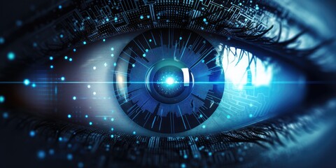 closeup of a human eye with virtual hologram elements for surveillance and digital ID verification or Lasik vision laser correction 