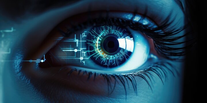 closeup of a human eye with virtual hologram elements for surveillance and digital ID verification or Lasik vision laser correction 