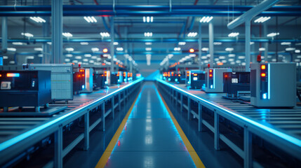 Obraz premium A futuristic, high-tech automated production line in a factory, featuring advanced machinery and bright blue lighting.