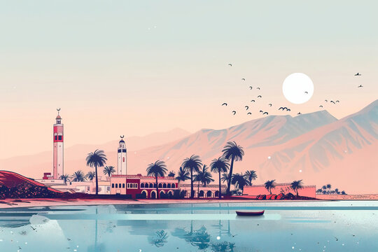 Risograph colorful riso print travel poster, card, wallpaper or banner illustration, modern, isolated, clear, simple of Yanbu, Saudi Arabia. Artistic, screen printing, stencil