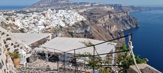 majestic view of Fira, santorini Greece, seen from hight above fira