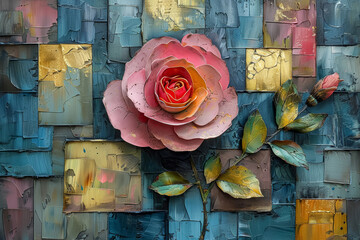 Pink rose against square shaped oil painting abstract background. Wallpaper cover design.	