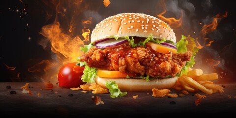 fresh crispy fried chicken burger sandwich with flying ingredients and spices hot ready to serve and eat food 