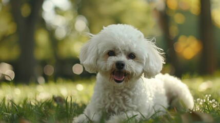 Bichon Frise in the park, wide shot. 