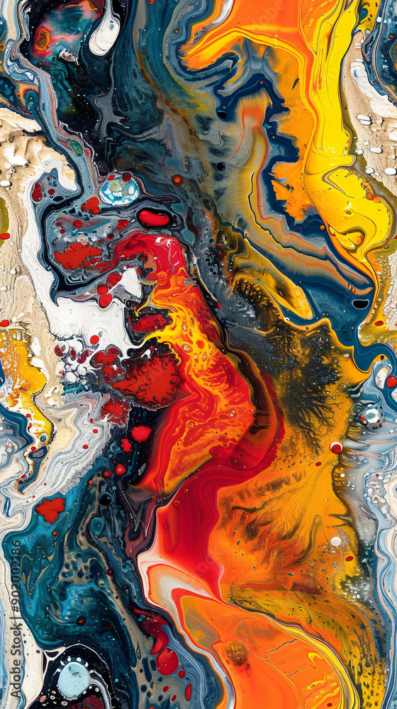 Poster Colorful abstract background with swirling patterns created by a mixture of paints