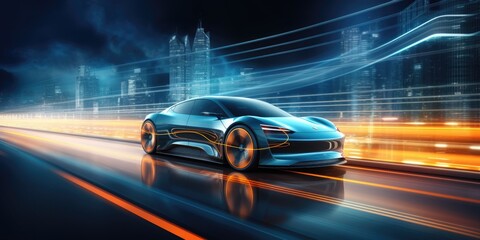 futuristic electric sports car driving in city highway with full self driving system parked at battery charging station network infrastructure