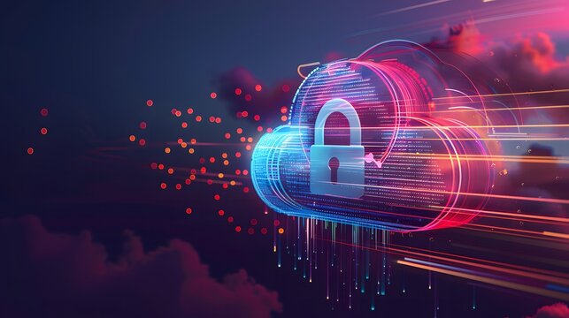 Abstract cloud security illustration with a stylized cloud and secure padlock, symbolizing data protection and cybersecurity