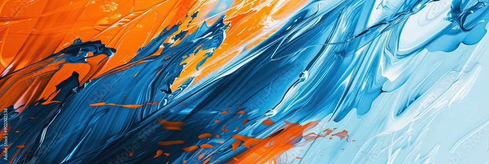Poster vibrant abstract canvas featuring bold blue and orange strokes overlaid with energetic textures and 