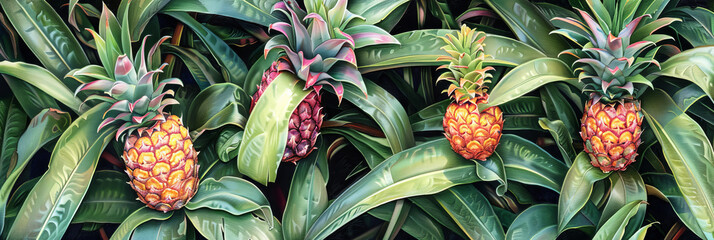 Obraz premium Banner with pattern pineapples and green leaves, illustration.