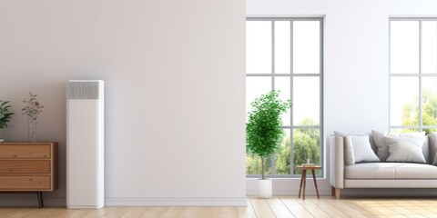 generic air purifier or AC controller unit mockup with a modern bright Livingroom  