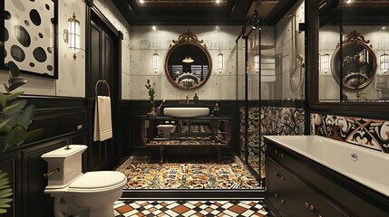 Retro washroom with bold patterns and vintage details 