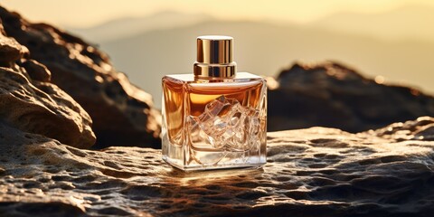 luxury gold perfume glass bottle with golden chrome and marbled glass body with on a rock display mockup