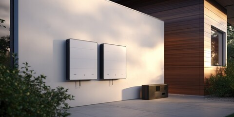 Generic mockup of battery packs alternative electric energy storage system at home garage wall as backup or sustainable energy concept background