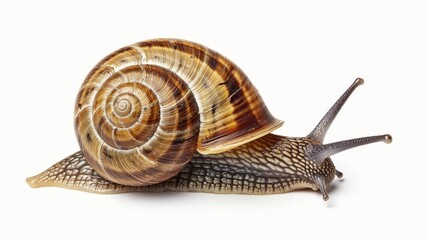 A small brown and tan snail is laying on a white background