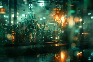 Modern cityscape with greenish blue lights and futuristic skyscrapers