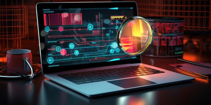 infographic charts analysis of corporate laptop antivirus or phishing malware attach detection and cleanup software or finding and searching database files on screen with magnifier lens background