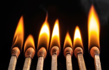 Row of matches with flames, illustrating ignition and combustion.