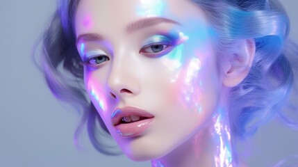 Fashion model with holographic makeup. Portrait closeup of a beautiful girl with glossy make-up.