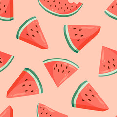 Juicy watermelon slices seamless pattern. Summer fruit flat vector illustration. Tropical fruit background for baby fabric, kids textile, packaging, wrapping, scrapbook, wallpaper.  sstkbackgrounds