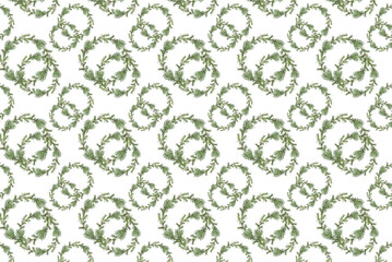 Christmas background. Wreath of coniferous tree branches isolated on white background. Pattern for wrapping paper, greeting cards, invitations, fabric, prints.