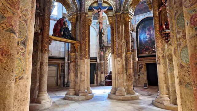 Interior view at the Charola of the Convent of Christ, magnificent Knights Templar architecture, round church altar, paintings and very peculiar ornaments, Tomar Portugal