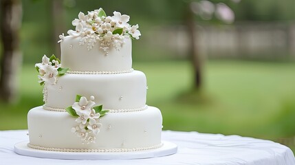A beautifully decorated three-tiered wedding cake adorned with pearls and a floral accent, set outdoors in a serene garden