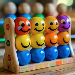 Colorful Wooden Toy Sorting Rack With Smiling Faces Displayed in a Bright Environment